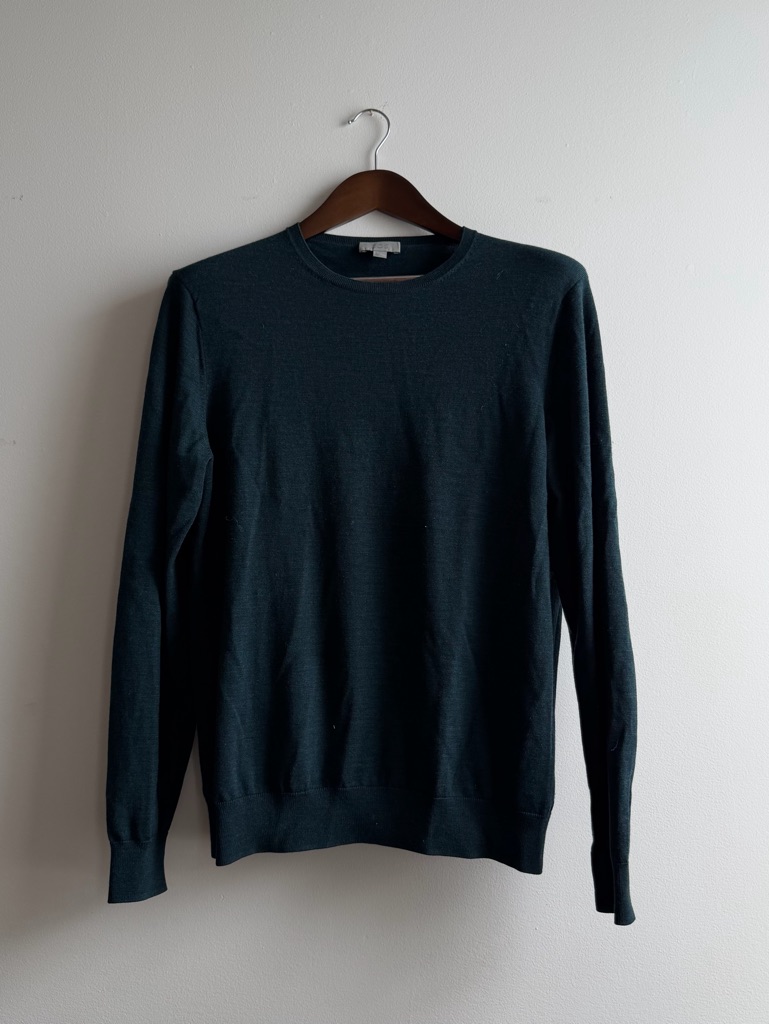 Cos 100% Wool Crewneck Sweater Dark Green Minimalist Knit Size Large